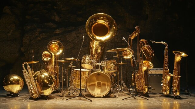 Golden brass instruments and drums set up in a dark room.