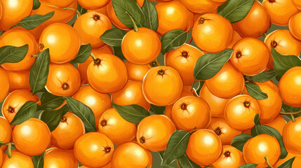 Abundant Ripe Oranges and Green Leaves Close Up
