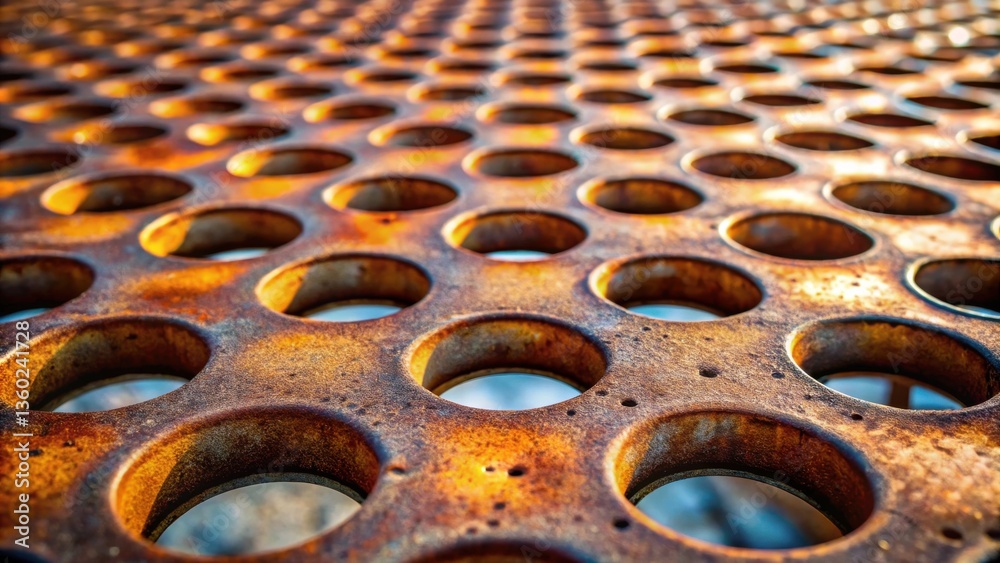 Aufkleber Rustic Metal Panel with Circular Perforations, Showing Patina and Texture from Years of Exposure to the Elements