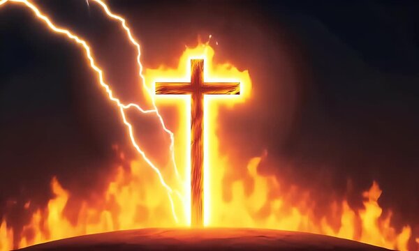 Fiery cross ablaze, lightning flashes. Symbol of faith against a stormy backdrop. Religious depiction, faith, and divine power