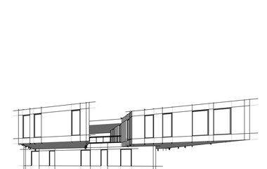 Modern Architectural Sketch - Abstract Residential Building - Wireframe Perspective - Vector Illustration