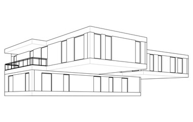 Modern Architectural Sketch - Abstract Residential Building - Wireframe Perspective - Vector Illustration