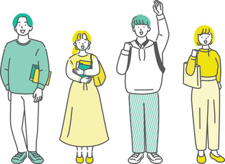 仲間に手を振る男女の大学生友達グループのイラスト素材　呼びかけ