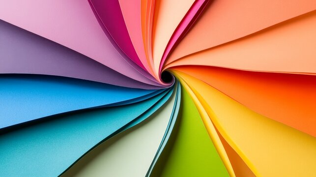 Colorful spiral of paper sheets in vibrant hues creating a dynamic visual effect