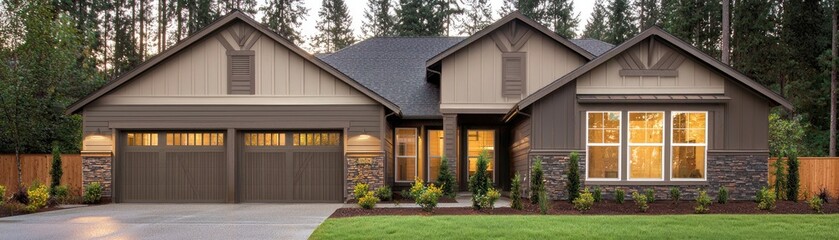 Suburban house exterior, well-lit windows, lawn in front, trees in back, sale