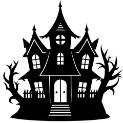 A creepy dollhouse with spooky detail silhouette vector illustration
