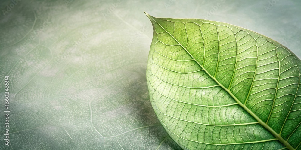Poster close-up detail of a vibrant green leaf showcasing intricate vein patterns against a soft, blurred b