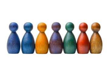 A lineup of colorful wooden figurines representing diversity and unity in a playful and artistic way.
