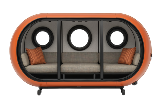 A modern, stylish pod seating area with cozy cushions, designed for relaxation and social interaction in contemporary spaces.