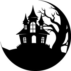 A full moon with a silhouette of a spooky house silhouette vector illustration