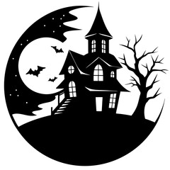 A full moon with a silhouette of a spooky house silhouette vector illustration