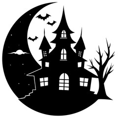 A full moon with a silhouette of a spooky house silhouette vector illustration