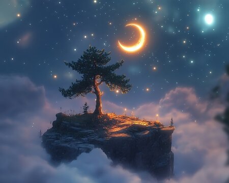 A solitary tree sits atop a rock in a starry night scene