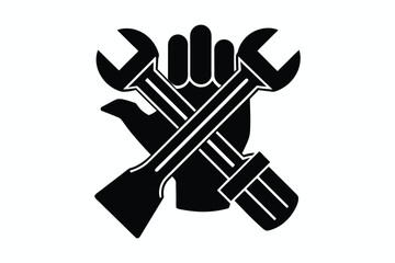 Happy labour day silhouette vector art illustration and Hand holding a Wrench hammer Icon with worker helmet