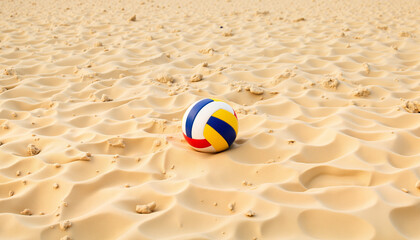 Obraz premium Colorful volleyball on sandy beach, summer fun