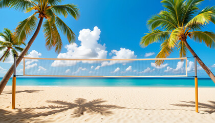 Obraz premium Tropical volleyball court with swaying net by azure beach, summer fun