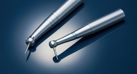 Close up of two dental handpieces on a dark blue reflective surface, equipment, healthcare, dental, tool, medical, clinic, instrument