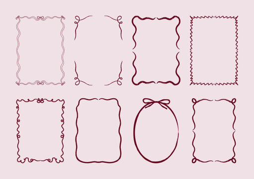 Set of hand drawn whimsical frames for Holiday and greeting cards, invitations. Decorative vintage border frames with bows and ribbons