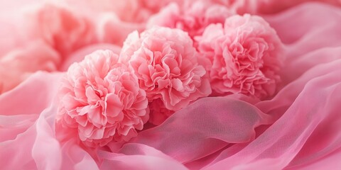 Fototapeta premium A lovely arrangement of fluffy pink carnations laying atop soft pink fabric, evoking a romantic feeling.
