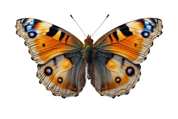 Fototapeta premium A stunning butterfly with vibrant orange and blue patterns, showcasing its exquisite wings in detail against a solid background.