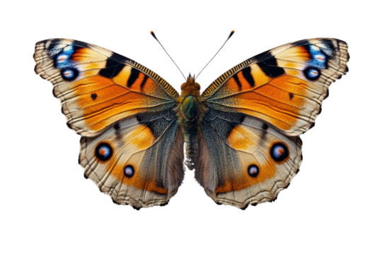 A stunning butterfly with vibrant orange and blue patterns, showcasing its exquisite wings in detail against a solid background.