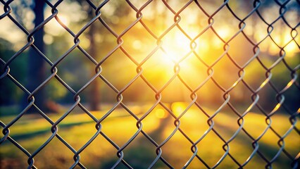 Fototapeta premium Golden Hour Through Chain Link Fence A Close-Up View