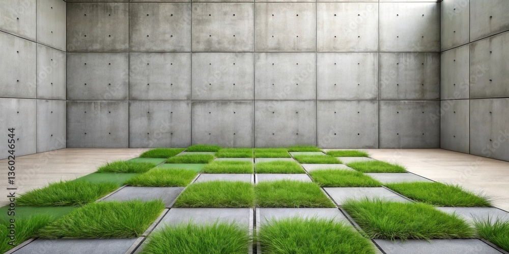 Poster modern minimalist design featuring a checkered pattern of vibrant green grass nestled within a sleek