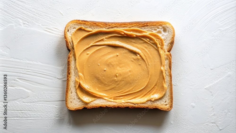Aufkleber a single slice of toasted bread with a generous spread of creamy peanut butter, photographed from ab