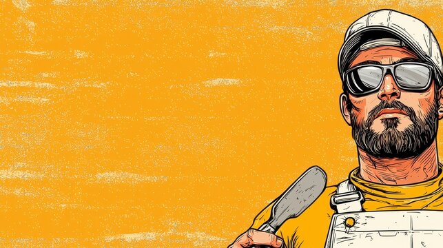 Pixel Art Portrait of Bearded Man in Yellow Overalls Holding Putty Knife