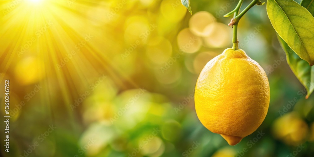 Aufkleber A Single Ripe Lemon Hanging on a Branch Bathed in Sunlight with a Soft Bokeh Background
