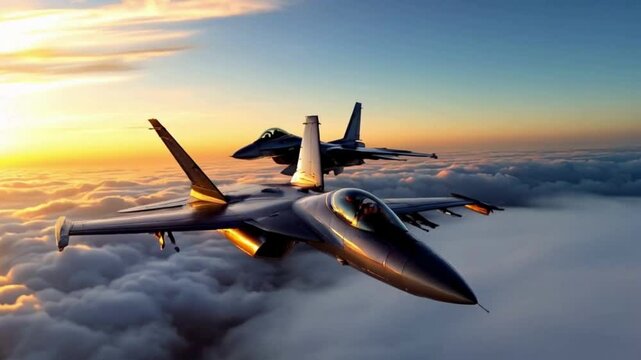 Two Fighter Jets Fly in Perfect Synchronization Above the Clouds at Sunset with Contrails Creating Artistic Streaks Captured in Aerial Tracking Shots Highlighting Precision and Grace of Their Flig