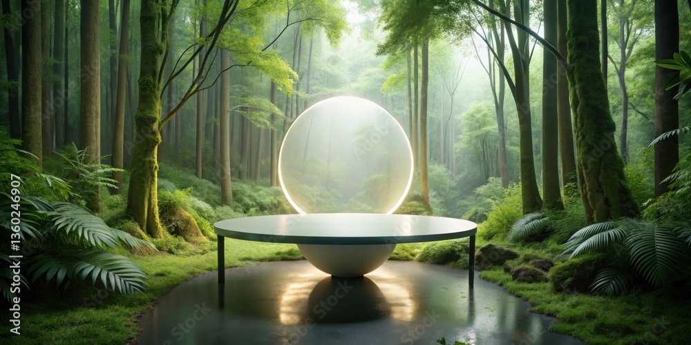 Aufkleber serene forest scene with a minimalist circular table and luminous orb