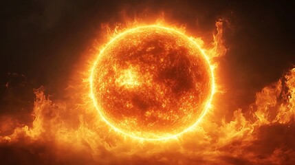 Fiery Sun with Intense Solar Flares, A fiery, glowing sun with intense solar flares and a dark background