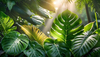 Lush green tropical rainforest leaves with natural sunlight and water droplets