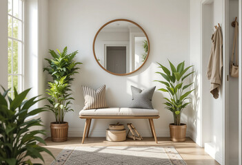 Entryway features stylish bench with pillows, lush indoor plants. A round mirror reflects natural light, enhancing the inviting charm during daylight hours