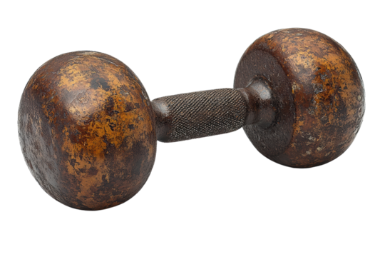 A vintage, rusty dumbbell that reflects a bygone era of fitness and strength training, perfect for fitness enthusiasts.