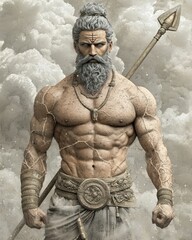 Obraz premium Powerful Older Man with Spear Against Cloudy Sky