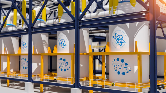 concept of a SMR small modular nuclear reactor power plant on a sunny day. SMR is a future energy concept. 3d rendering.