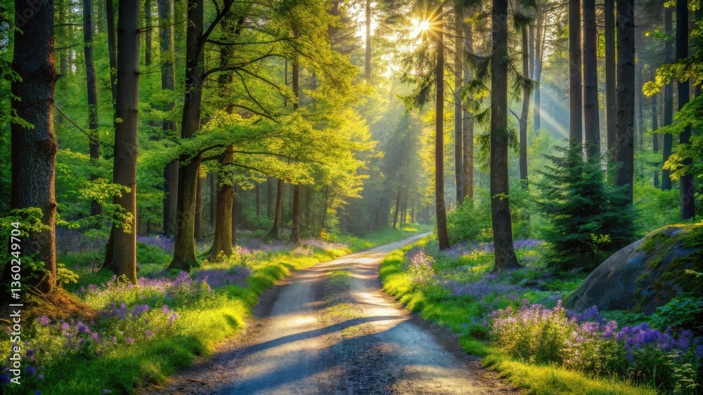 Poster sunlit path through a spring forest with blooming wildflowers
