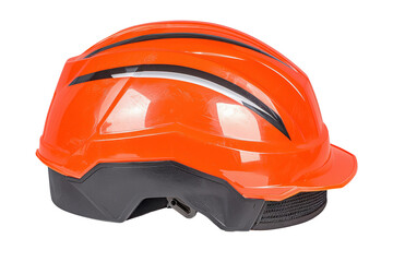 Bright orange safety helmet designed for protection in construction environments, showcasing durability and essential safety features.