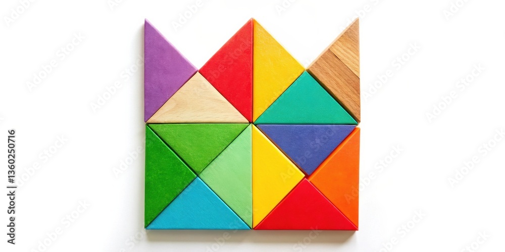 Aufkleber Colorful Triangular Wooden Blocks Arranged in a Creative Pattern on White Background