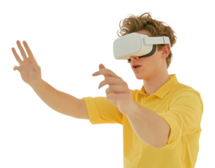 PNG Young man in yellow shirt using VR goggles and gesturing white entertainment accessories.