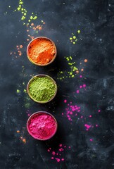 Naklejka premium Vibrant Colors of Natural Powders in Wooden Bowls on Dark Background, Showcasing Artistic Texture and Bright Hues for Creative Projects