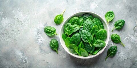 Obraz premium A Bowl of Fresh Spinach Leaves on a Gray Surface