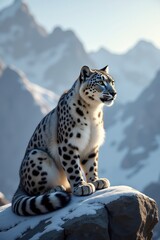 Naklejka premium leopard sitting on snowy mountain, majestic winter wildlife scenery
