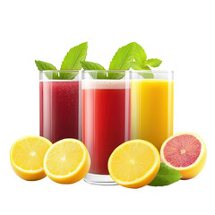 Refreshing fruit juices in clear glasses with fresh lemon slices and mint leaves