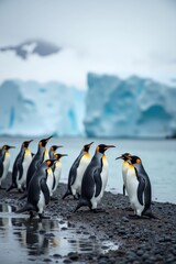 Obraz premium Penguins gather on icy shoreline with glacier background