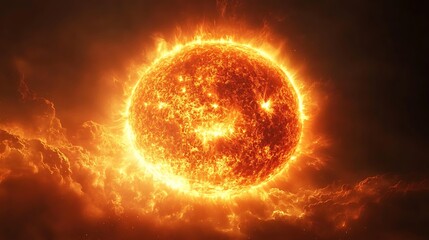 Obraz premium Fiery Sun with Intense Solar Flares, A fiery, glowing sun with intense solar flares and a dark background