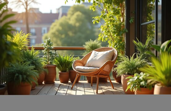 Cozy balcony terrace with wooden floor chair, green plants and potted flowers. Relaxing urban home area. Sunny stylish terrace in city apartment. Summer, cozy lifestyle.