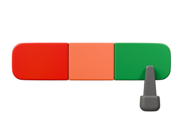 3d Speedometer icon. Minimal Status Speedometer with arrow scale gauge. Green, Yellow, Orange, Red Status color or low, medium, high arrow scale performance status icon. Credit rating score. 3d render
